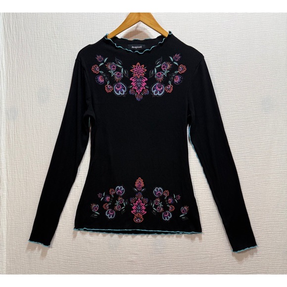 Desigual Black Ribbed Mock Neck Long Sleeve Floral Women's Top Size L Artsy - Picture 2 of 11